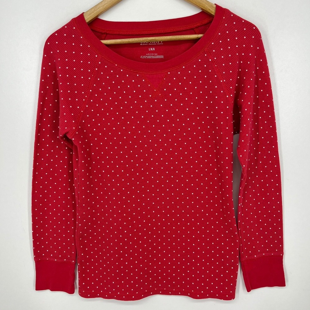 Old Navy Womens Red Polka Dot Waffle Knit Thermal Long Sleeve Top Large